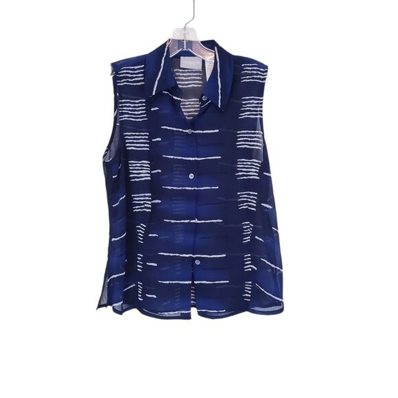 Liz Claiborne Navy Blue White Sleeveless Blouse Sheer Collared Button Down 8 M - Picture 1 of 6